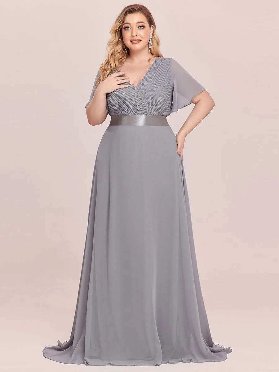 Plus Size Simple Empire Waist Flutter Sleeve Evening Dress