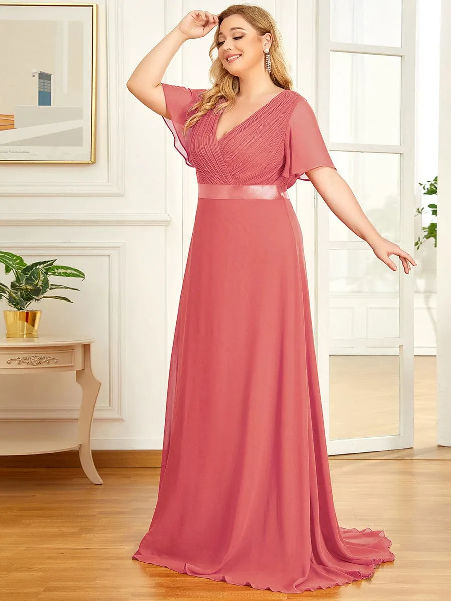 Plus Size Simple Empire Waist Flutter Sleeve Evening Dress