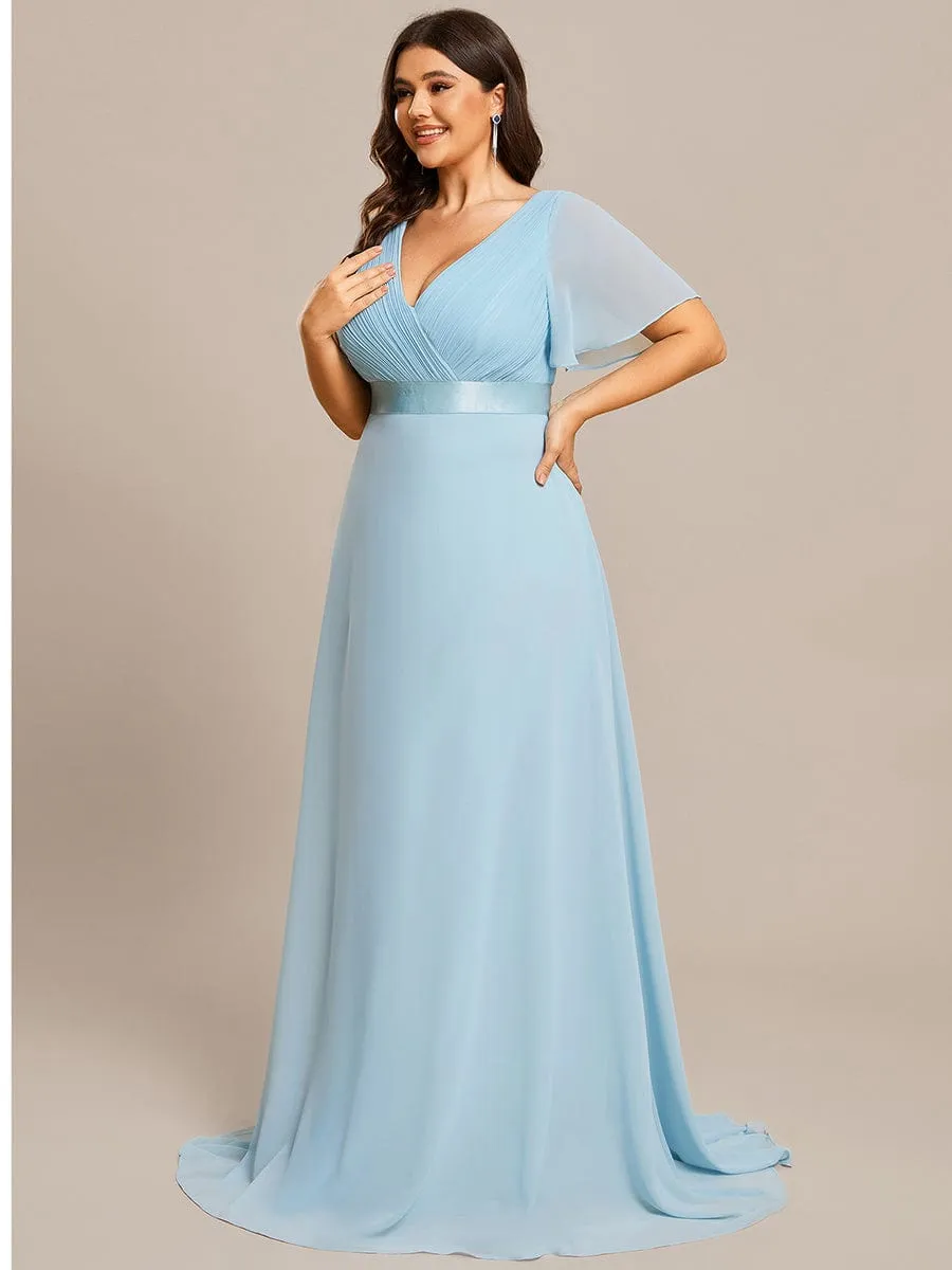 Plus Size Simple Empire Waist Flutter Sleeve Evening Dress