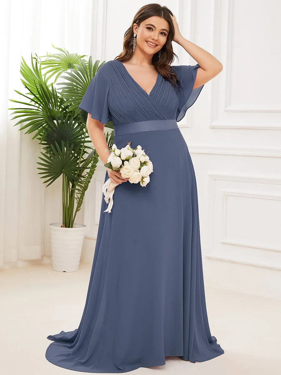 Plus Size Simple Empire Waist Flutter Sleeve Evening Dress