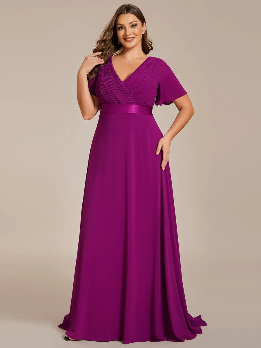 Plus Size Simple Empire Waist Flutter Sleeve Evening Dress