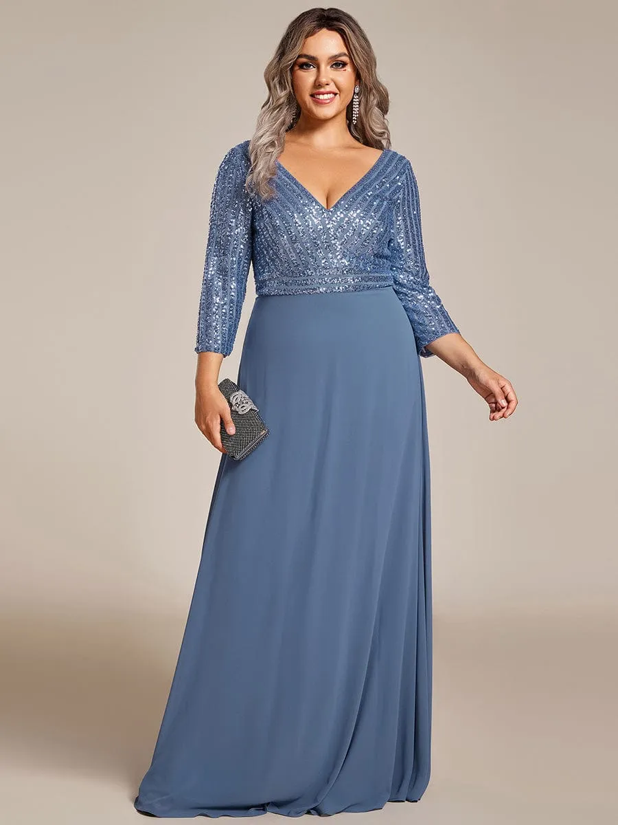 Plus Size V Neck A-Line Sequin Formal Evening Dress with Sleeve