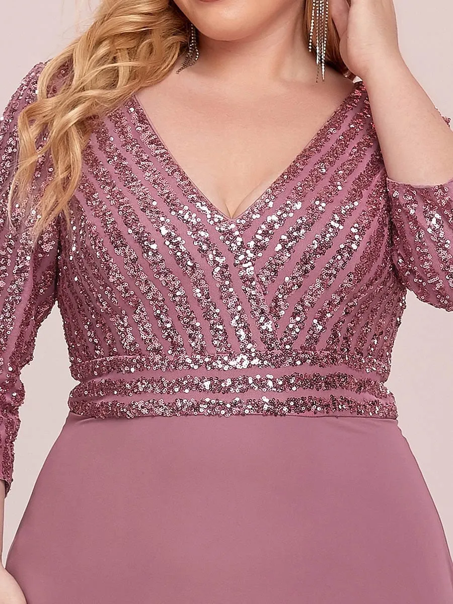 Plus Size V Neck A-Line Sequin Formal Evening Dress with Sleeve