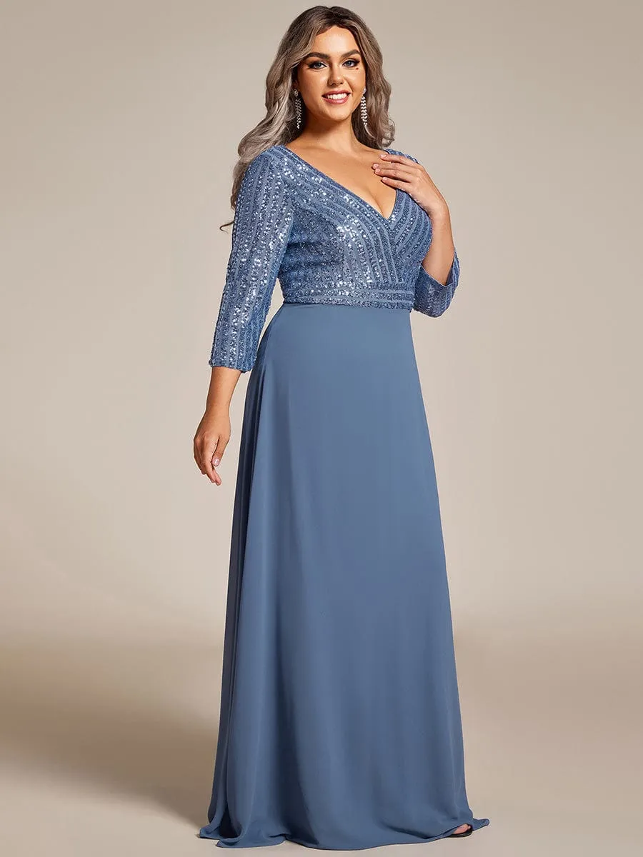 Plus Size V Neck A-Line Sequin Formal Evening Dress with Sleeve