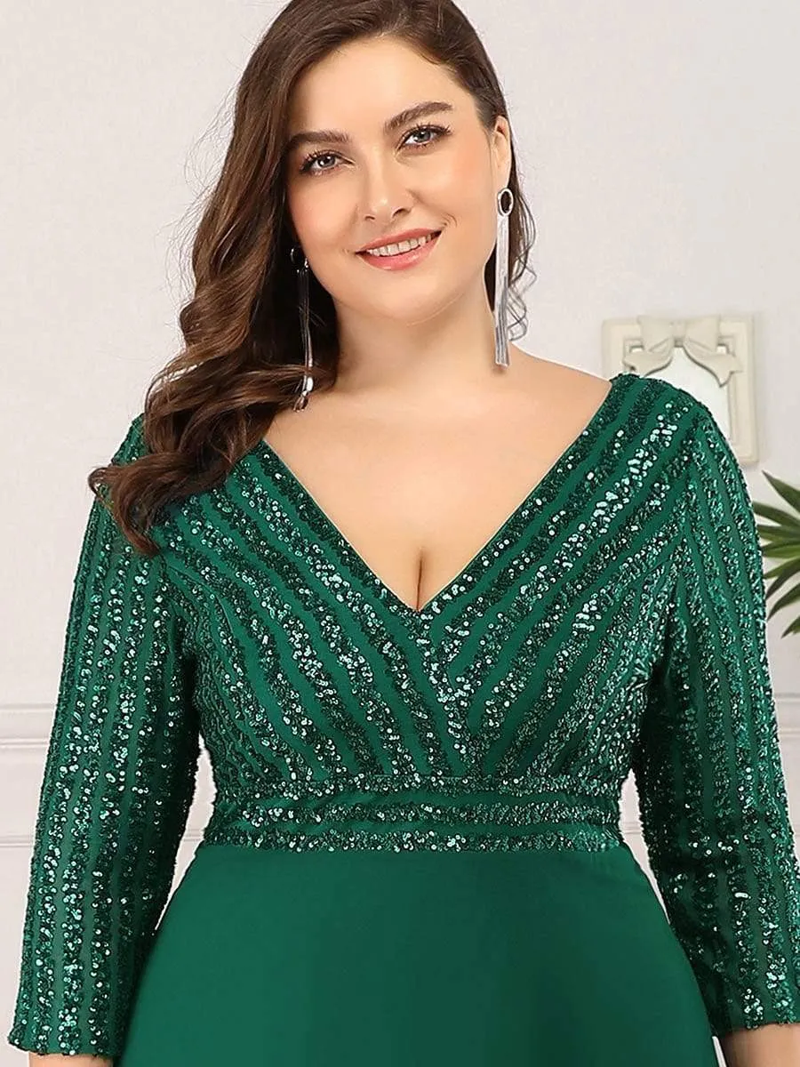 Plus Size V Neck A-Line Sequin Formal Evening Dress with Sleeve