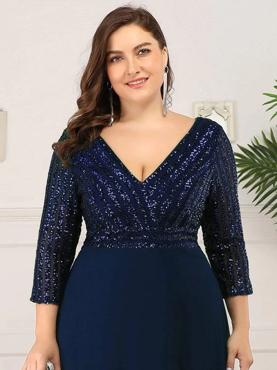 Plus Size V Neck A-Line Sequin Formal Evening Dress with Sleeve