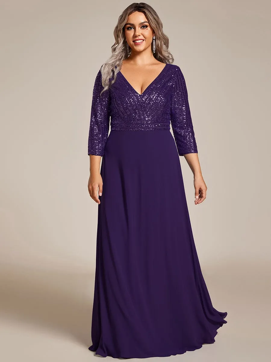 Plus Size V Neck A-Line Sequin Formal Evening Dress with Sleeve