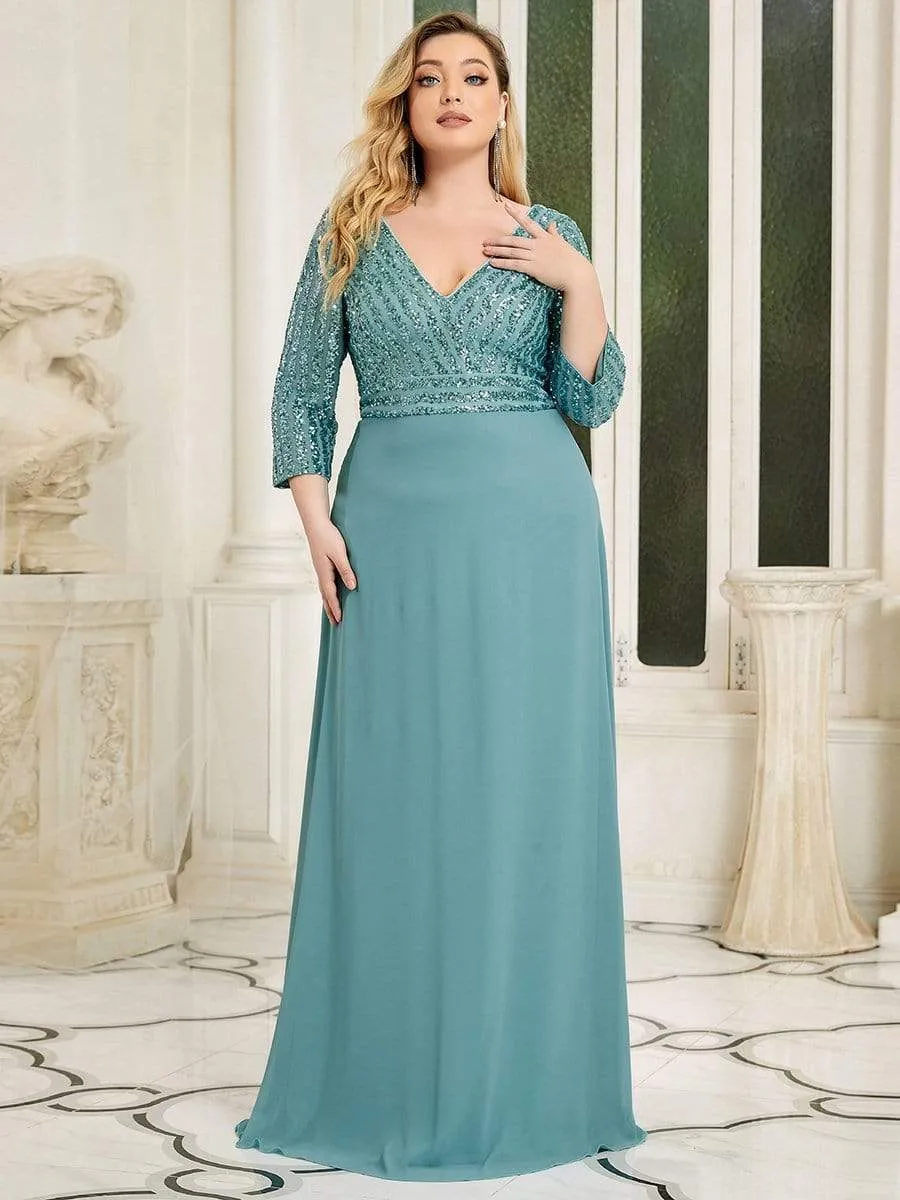 Plus Size V Neck A-Line Sequin Formal Evening Dress with Sleeve