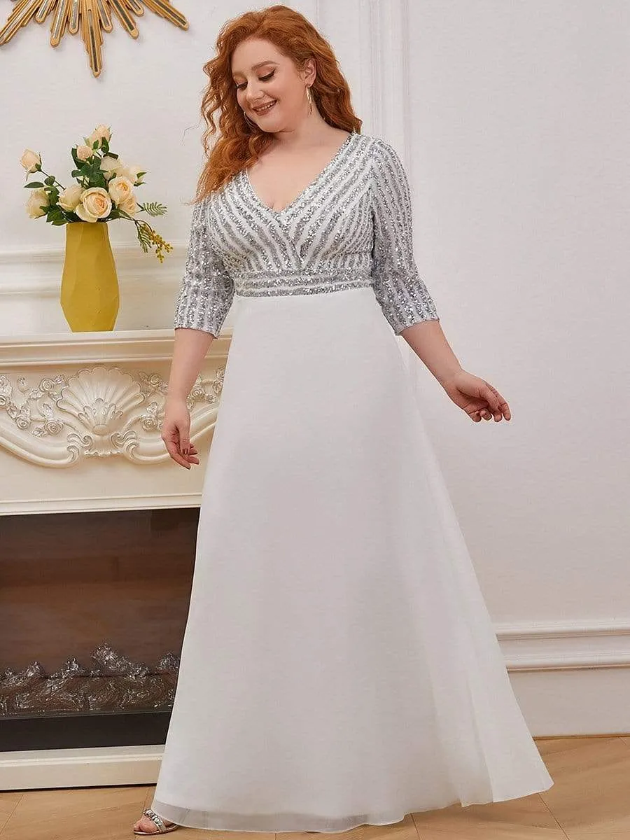 Plus Size V Neck A-Line Sequin Formal Evening Dress with Sleeve