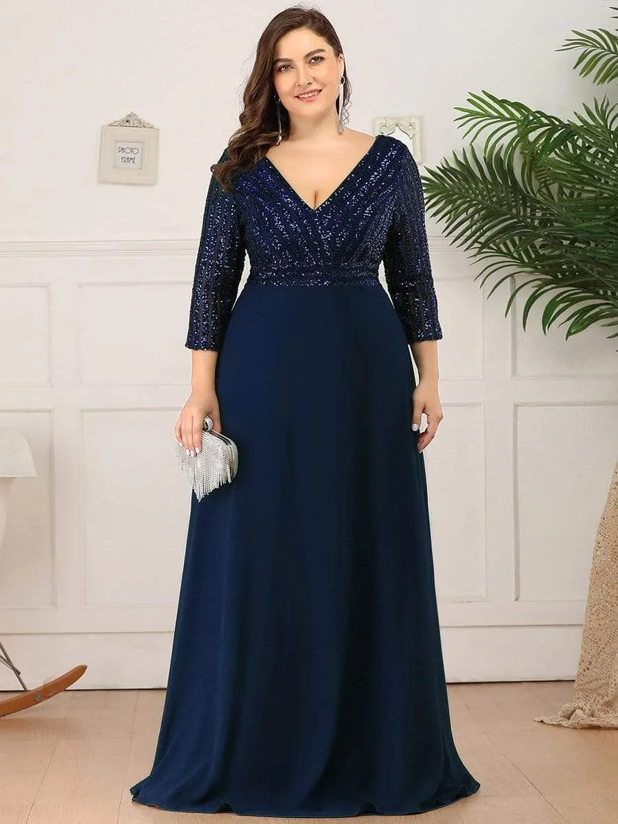 Plus Size V Neck A-Line Sequin Formal Evening Dress with Sleeve