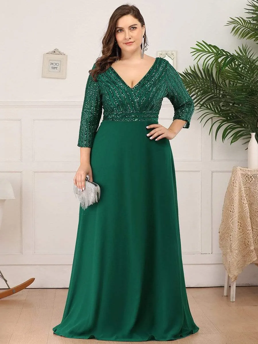 Plus Size V Neck A-Line Sequin Formal Evening Dress with Sleeve