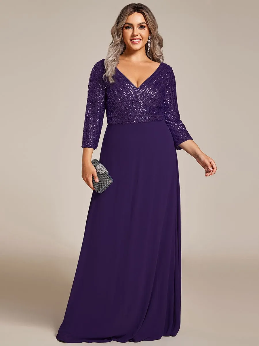 Plus Size V Neck A-Line Sequin Formal Evening Dress with Sleeve