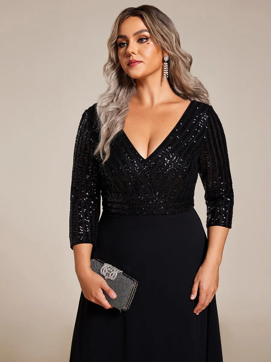 Plus Size V Neck A-Line Sequin Formal Evening Dress with Sleeve