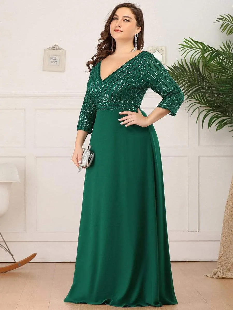 Plus Size V Neck A-Line Sequin Formal Evening Dress with Sleeve