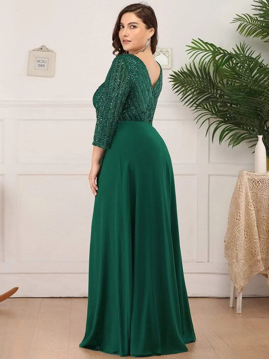 Plus Size V Neck A-Line Sequin Formal Evening Dress with Sleeve