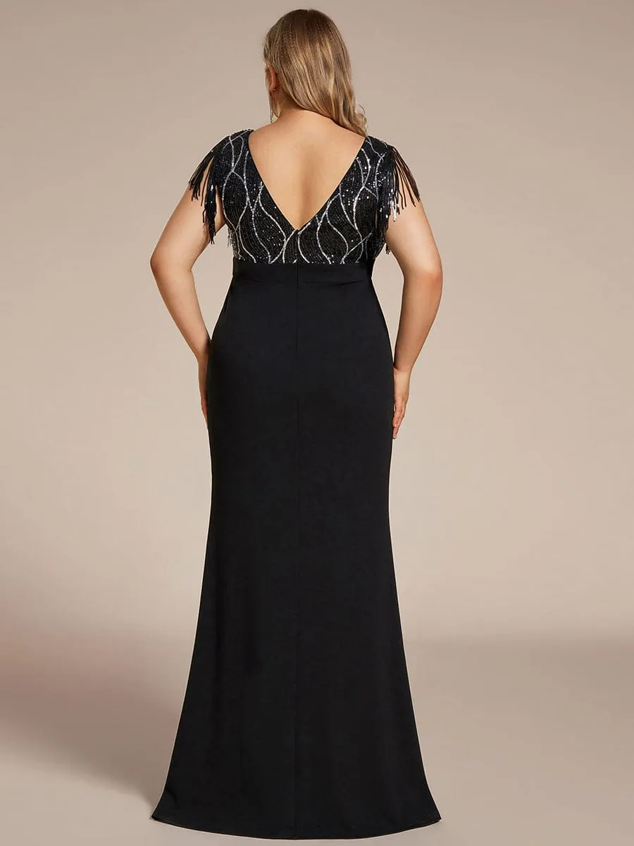 Plus Size V-Neck Front Slit Sleeveless with Tassel Mother of the Bride Dress