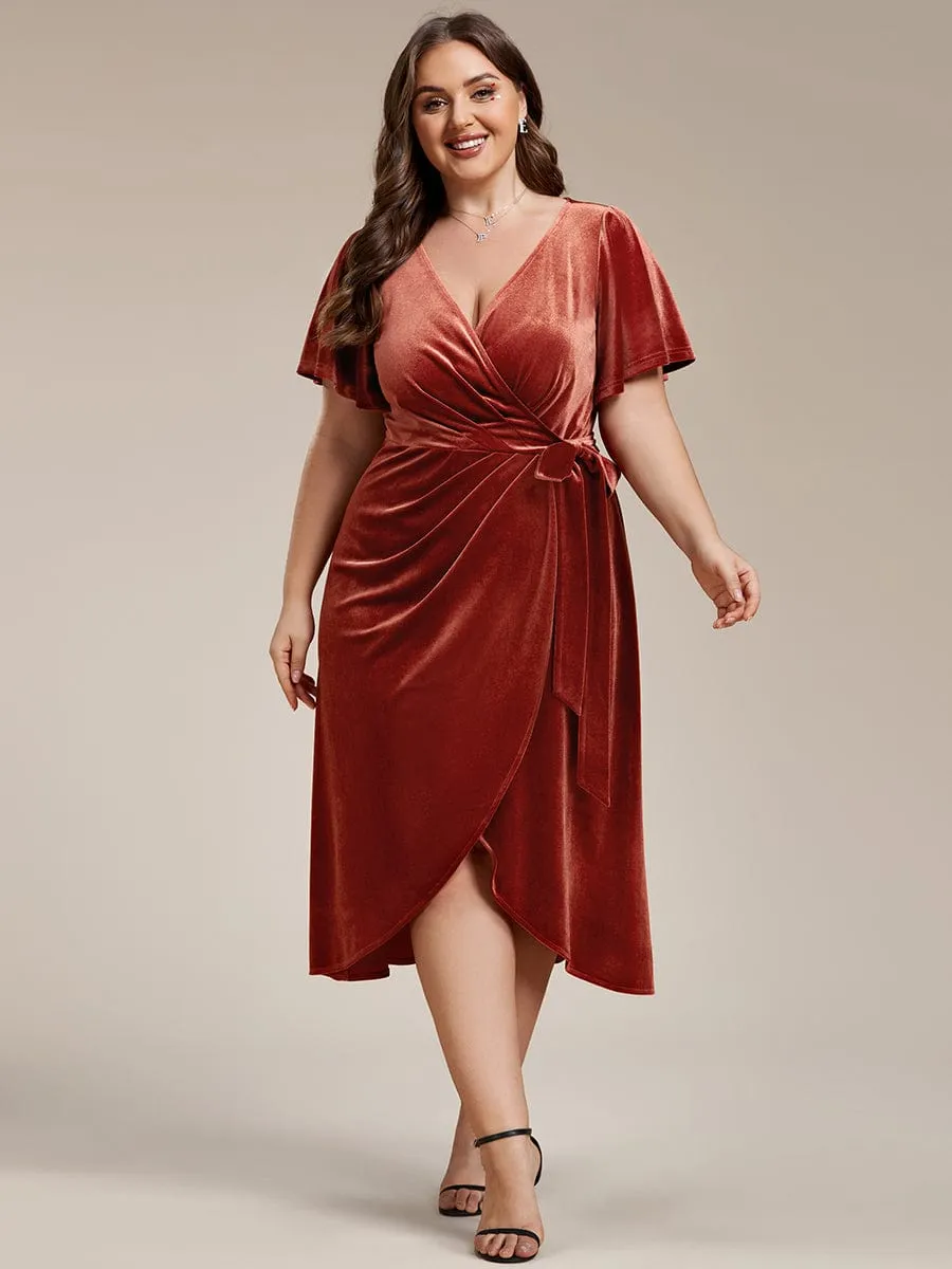 Plus Size V-Neck Ruffles Sleeve Velvet One-Piece Type Wedding Guest Dress