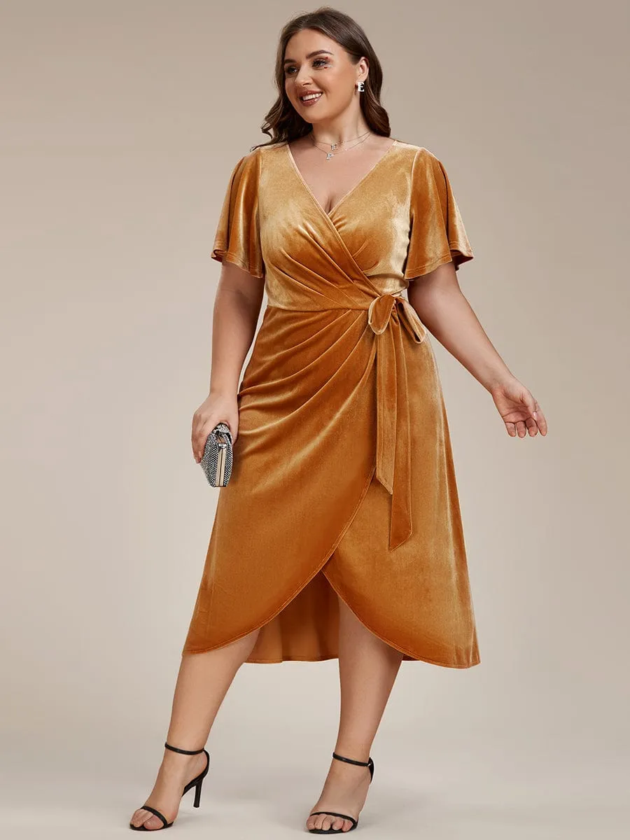 Plus Size V-Neck Ruffles Sleeve Velvet One-Piece Type Wedding Guest Dress