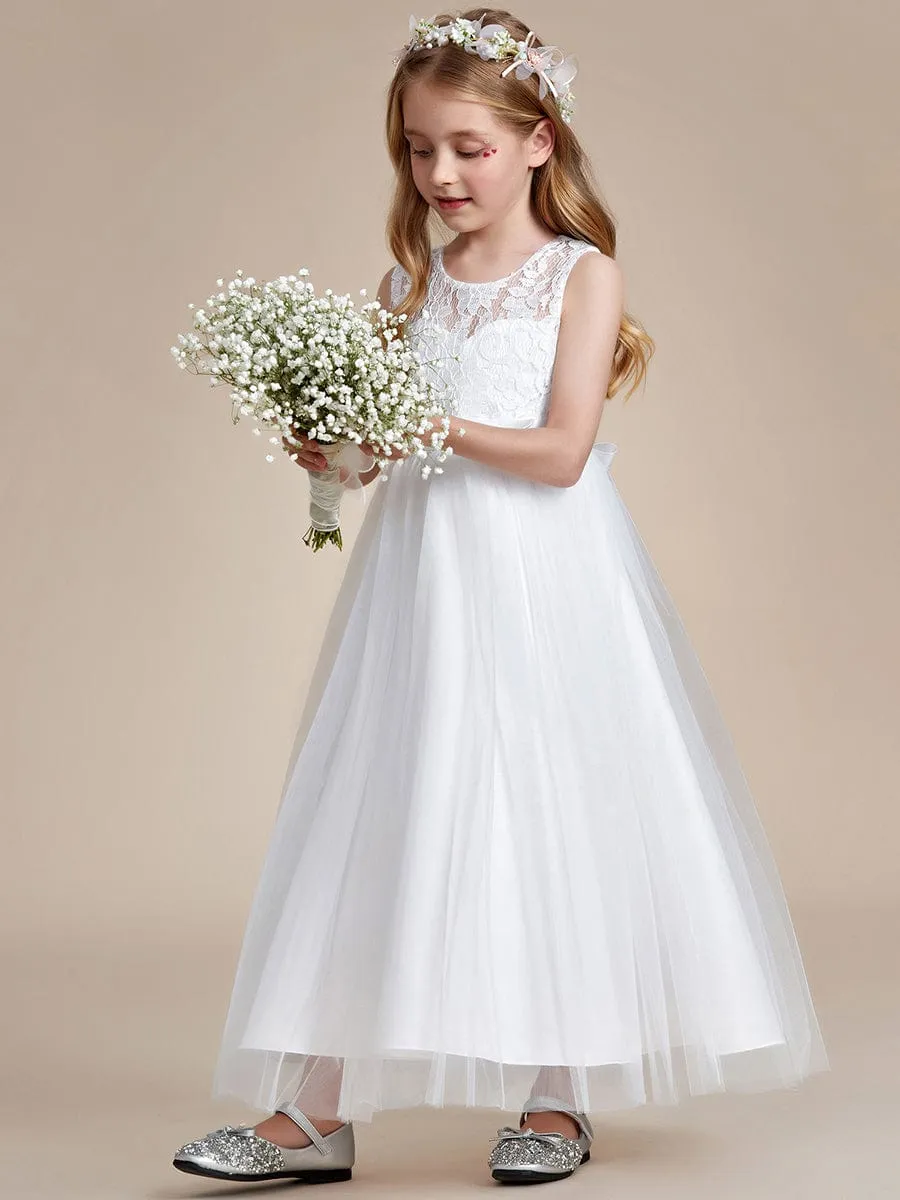 Princess Bow Sleeveless Lace Tulle Flower Girl Dress