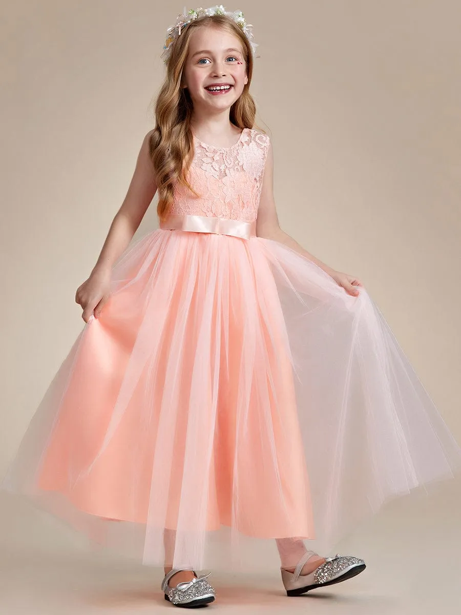 Princess Bow Sleeveless Lace Tulle Flower Girl Dress