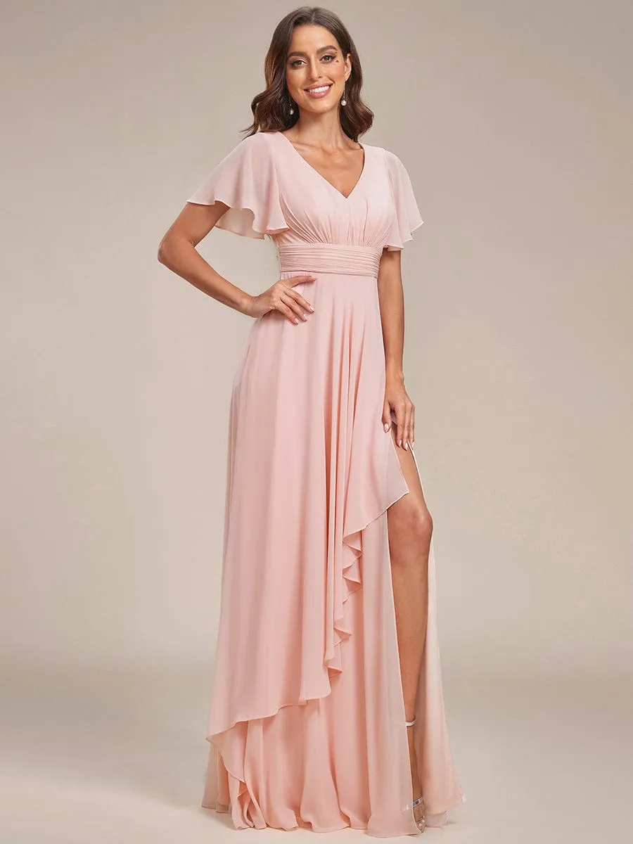 Ruffles Sleeve High Slit with Louts Leaf Chiffon Evening Dress