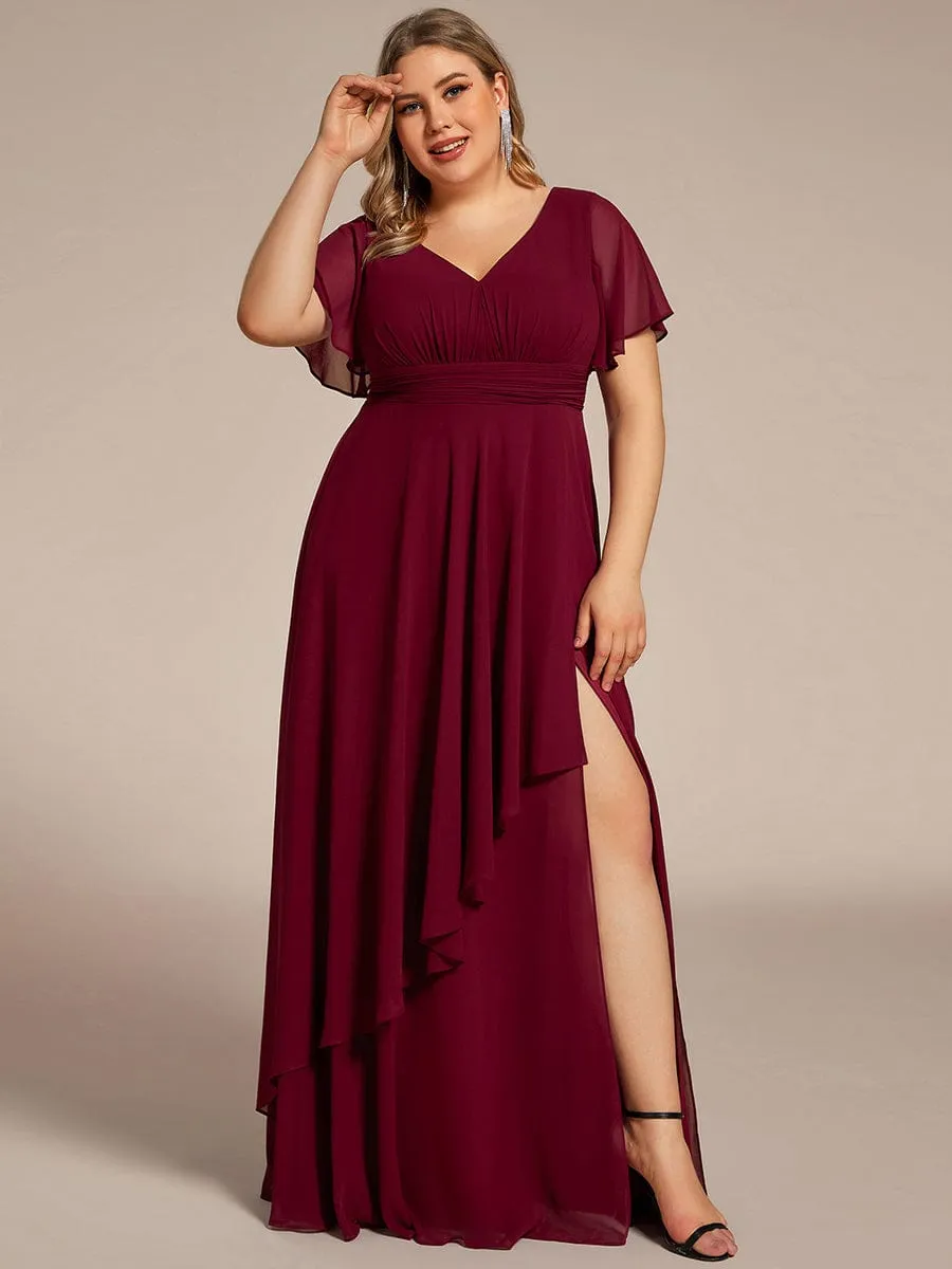 Ruffles Sleeve High Slit with Louts Leaf Chiffon Evening Dress