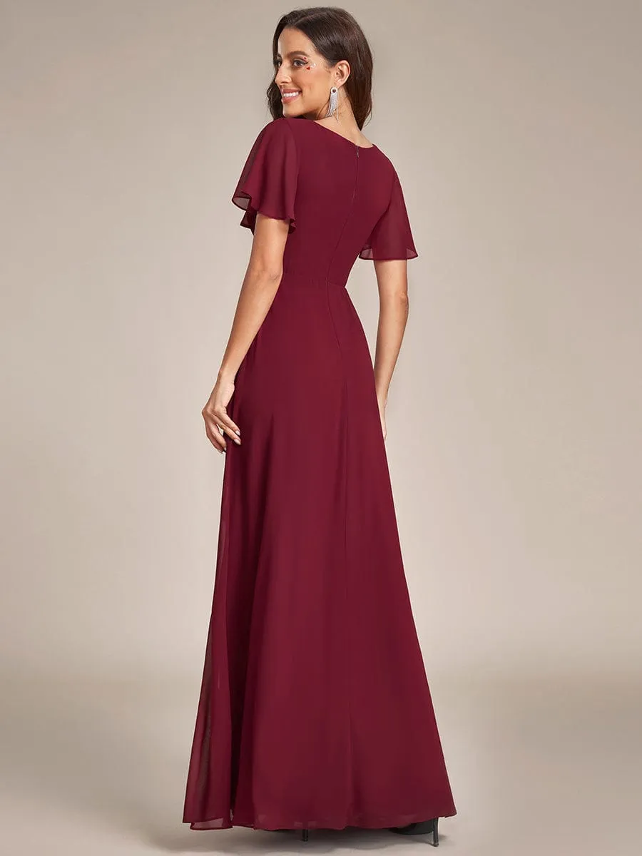 Ruffles Sleeve High Slit with Louts Leaf Chiffon Evening Dress