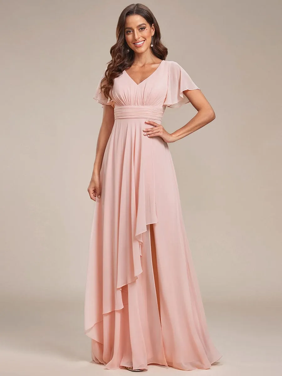 Ruffles Sleeve High Slit with Louts Leaf Chiffon Evening Dress