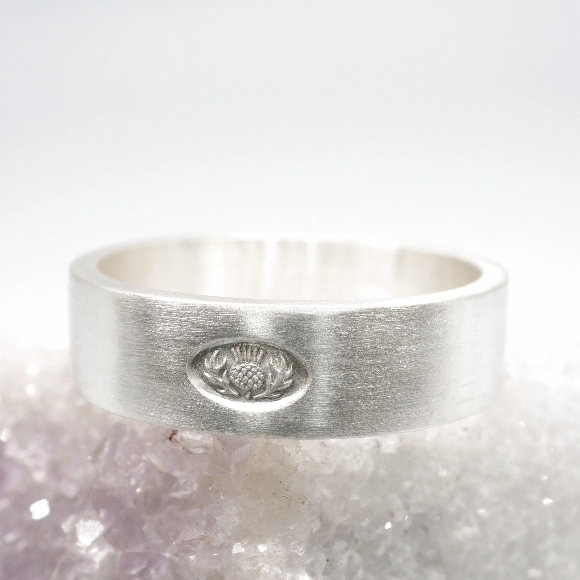 Scottish flat brushed matte white gold wedding ring.