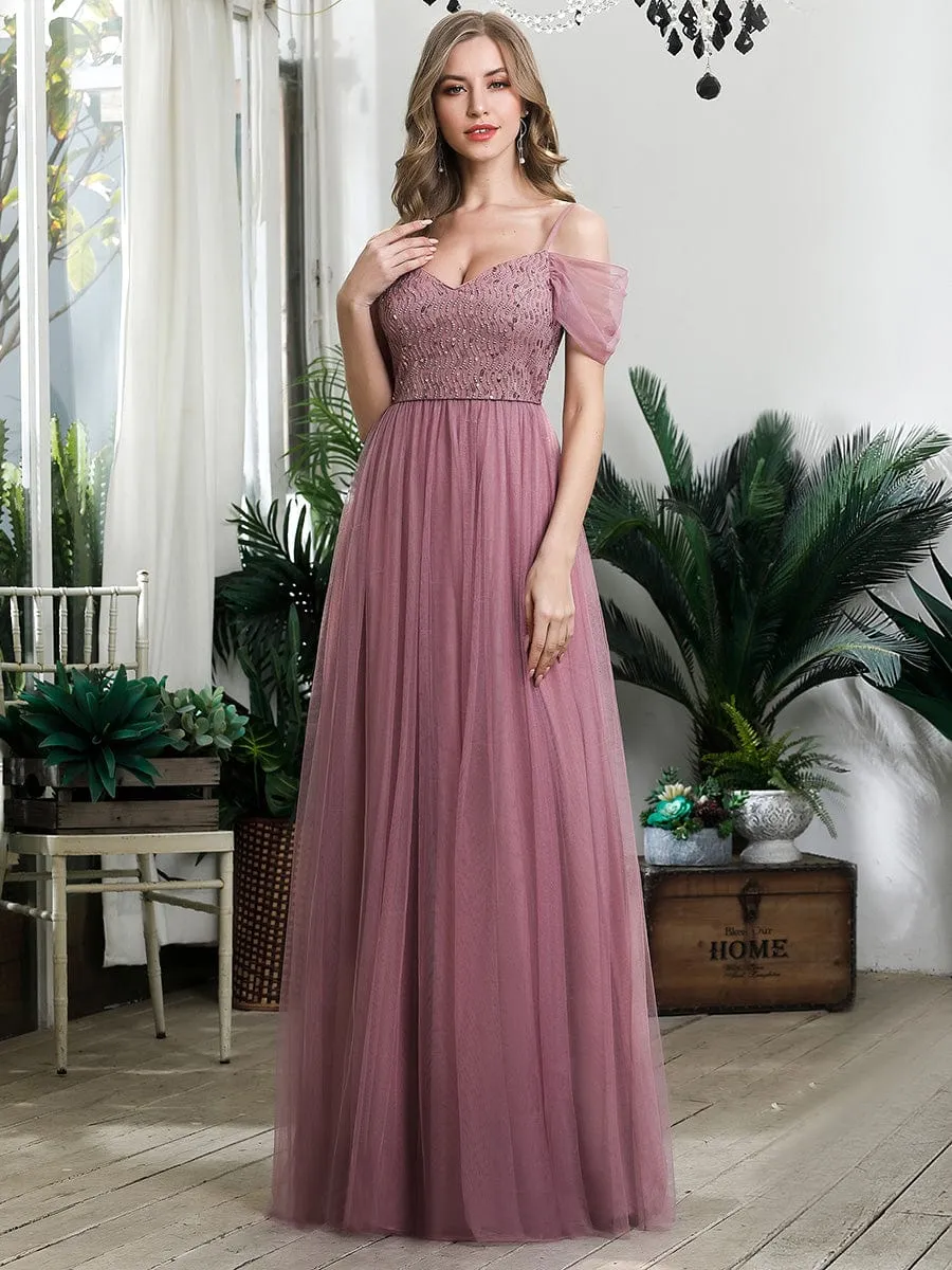 Sequin Bodice Cold Shoulder Floor Length Tulle Bridesmaid Dress