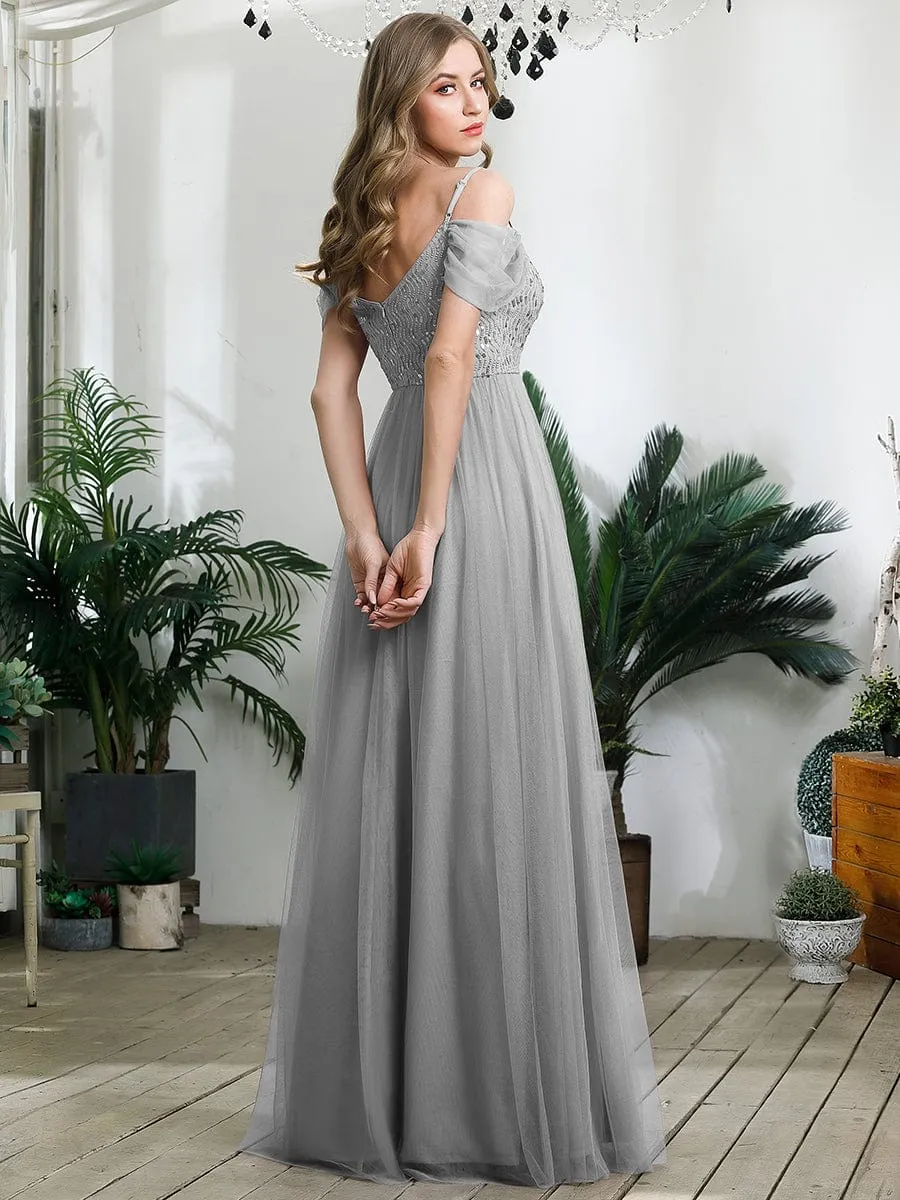 Sequin Bodice Cold Shoulder Floor Length Tulle Bridesmaid Dress