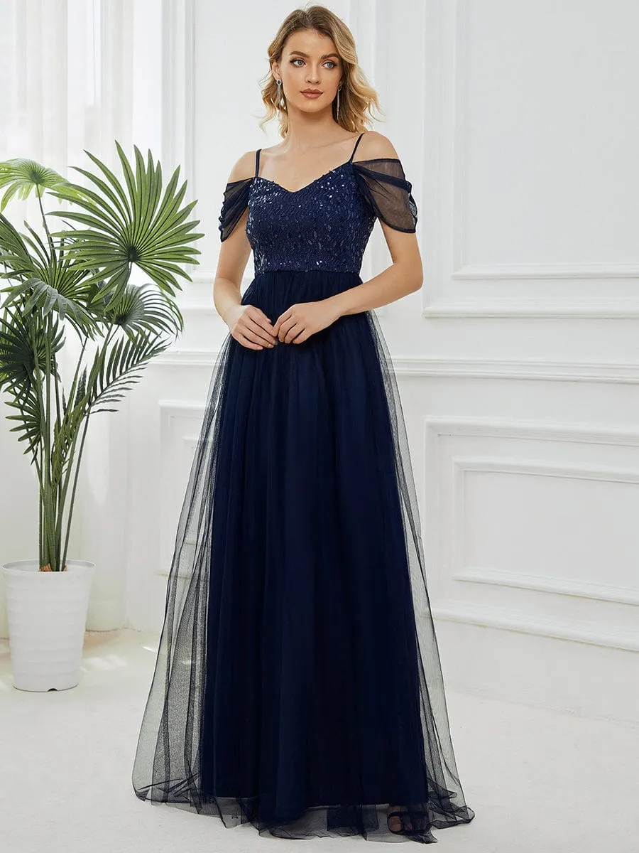 Sequin Bodice Cold Shoulder Floor Length Tulle Bridesmaid Dress