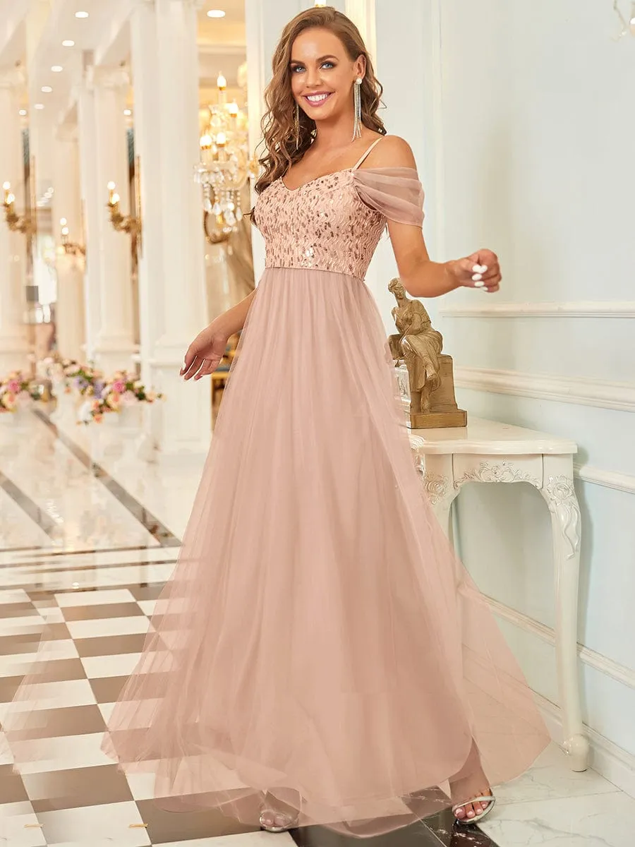 Sequin Bodice Cold Shoulder Floor Length Tulle Bridesmaid Dress