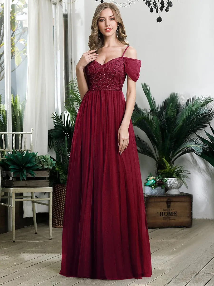 Sequin Bodice Cold Shoulder Floor Length Tulle Bridesmaid Dress