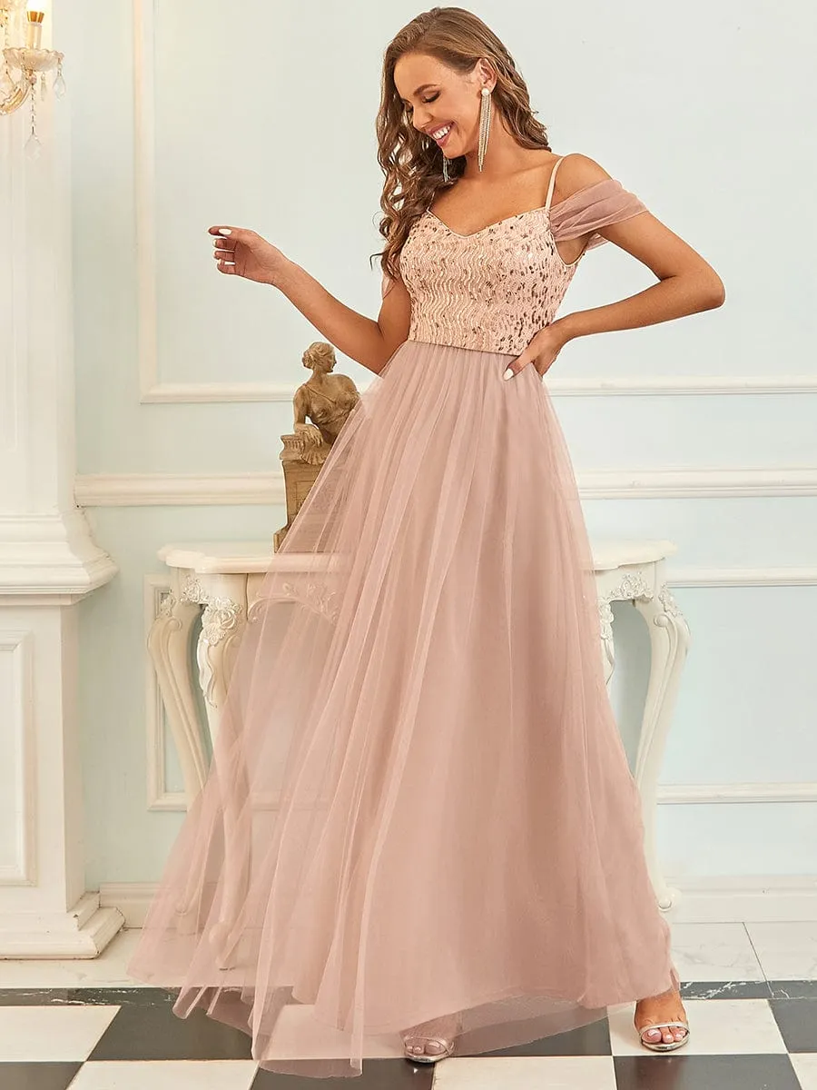 Sequin Bodice Cold Shoulder Floor Length Tulle Bridesmaid Dress