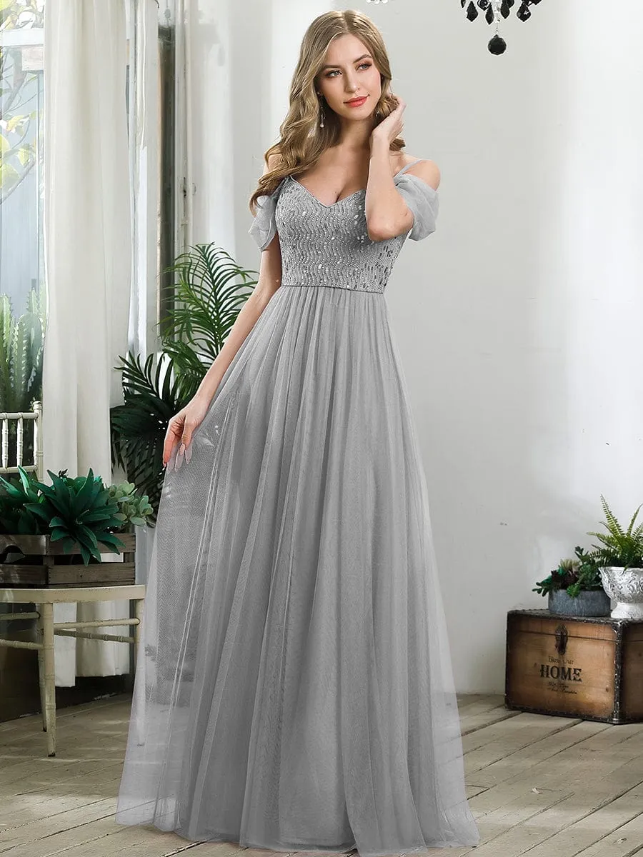 Sequin Bodice Cold Shoulder Floor Length Tulle Bridesmaid Dress