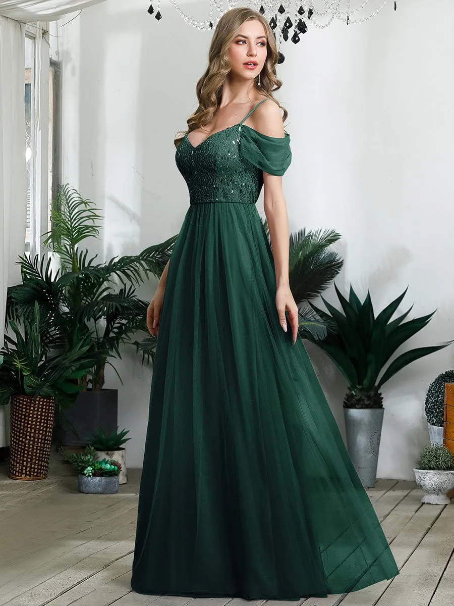 Sequin Bodice Cold Shoulder Floor Length Tulle Bridesmaid Dress