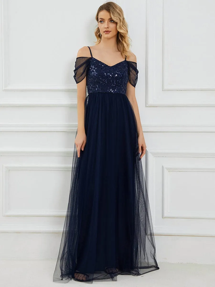 Sequin Bodice Cold Shoulder Floor Length Tulle Bridesmaid Dress