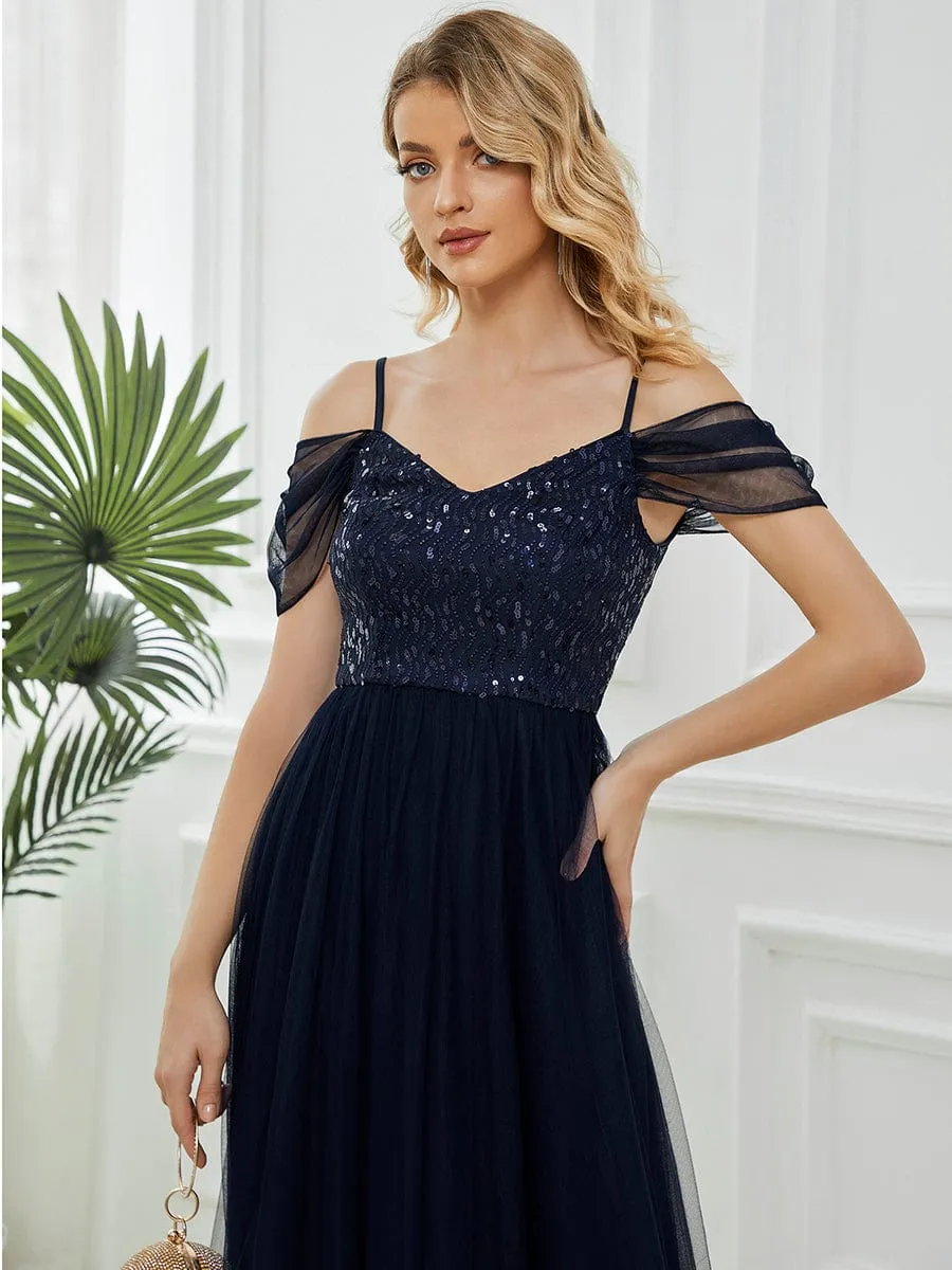 Sequin Bodice Cold Shoulder Floor Length Tulle Bridesmaid Dress