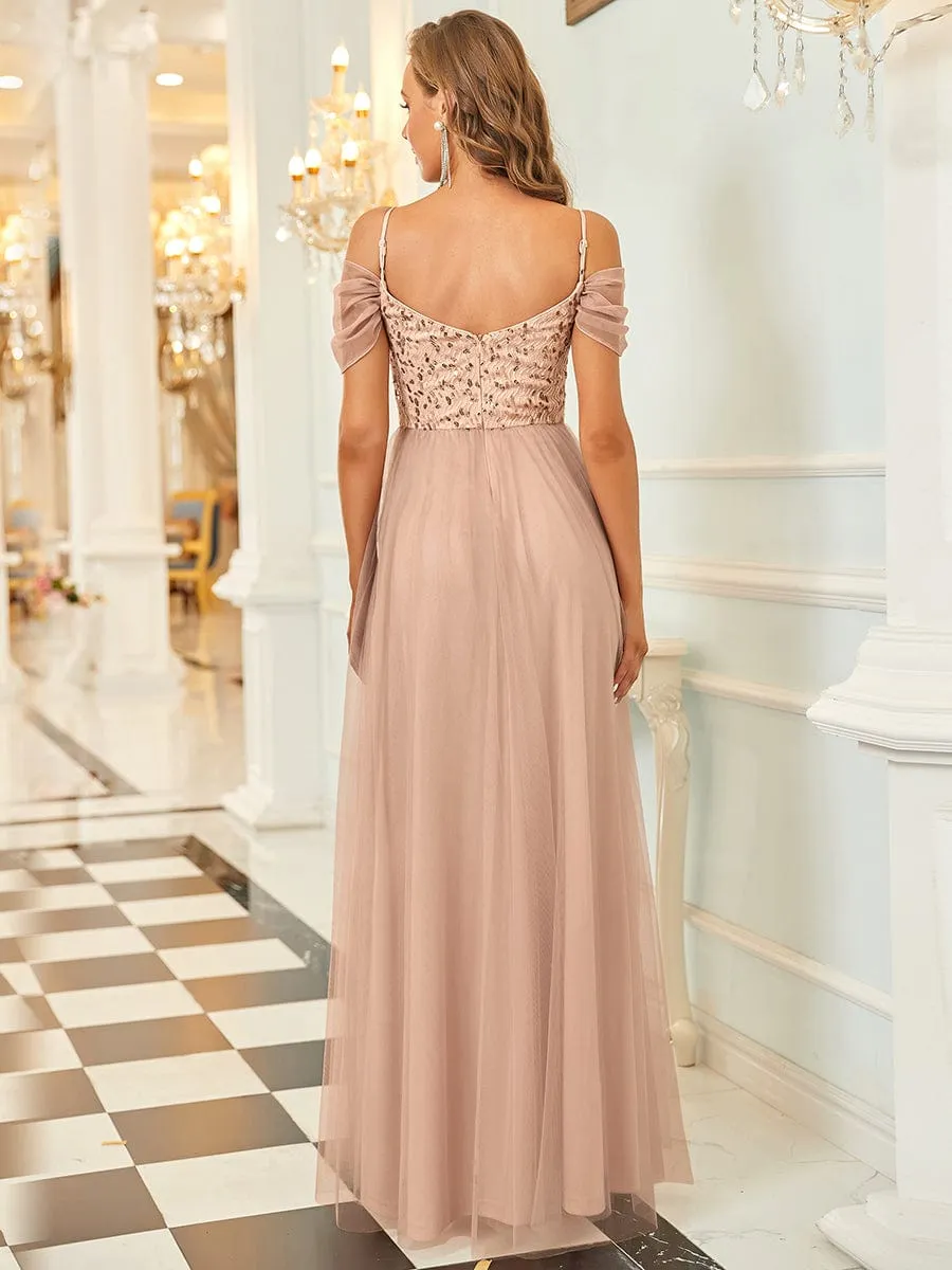 Sequin Bodice Cold Shoulder Floor Length Tulle Bridesmaid Dress