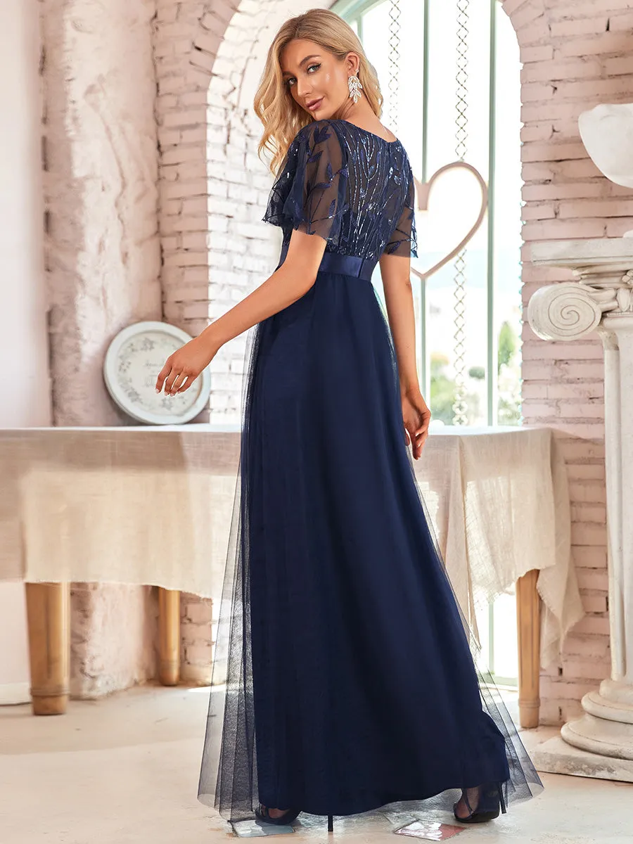 Sequin Print Floor-length Wholesale Evening Dresses with Cap Sleeve