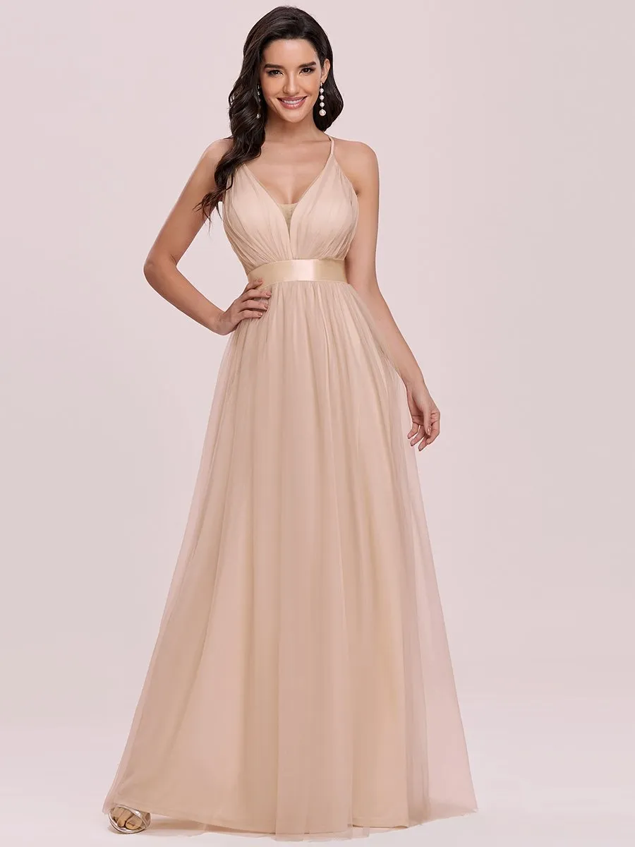 Sexy Floor Length Deep V-neck A-line Tulle Backless Evening Dresses Wholesale