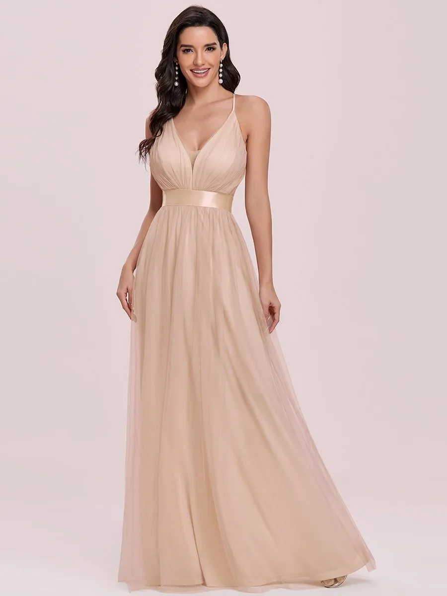 Sexy Floor Length Deep V-neck A-line Tulle Backless Evening Dresses Wholesale