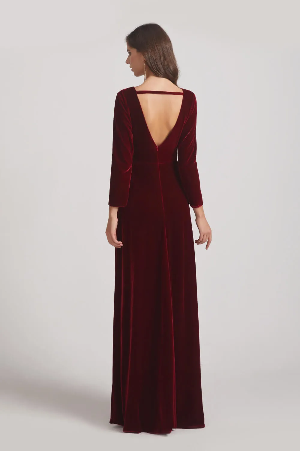 Sexy Long Sleeve Velvet Bridesmaid Dresses with Illusion Deep V-Neck (AF0127)