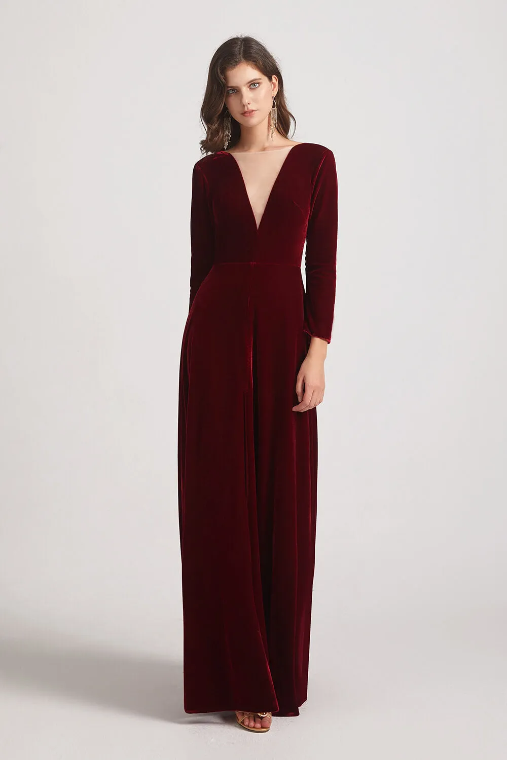 Sexy Long Sleeve Velvet Bridesmaid Dresses with Illusion Deep V-Neck (AF0127)