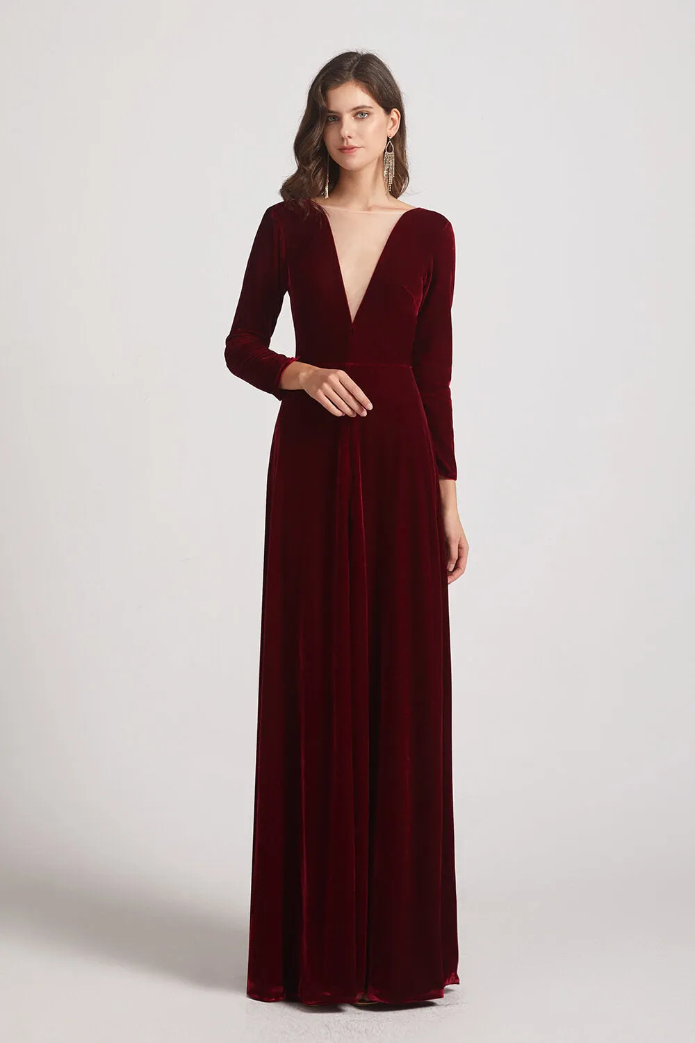 Sexy Long Sleeve Velvet Bridesmaid Dresses with Illusion Deep V-Neck (AF0127)