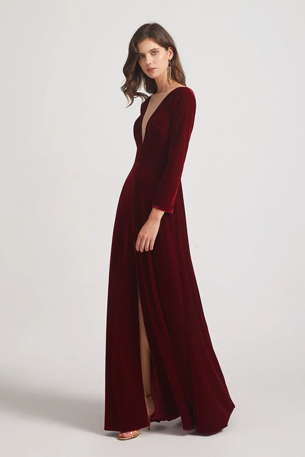 Sexy Long Sleeve Velvet Bridesmaid Dresses with Illusion Deep V-Neck (AF0127)