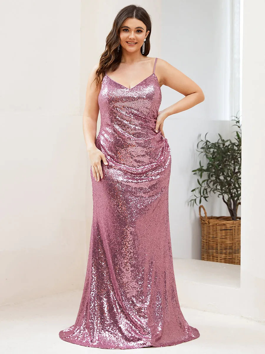 Sexy Spaghetti Straps Fishtail Sequin Wholesale Plus Size Evening Gowns