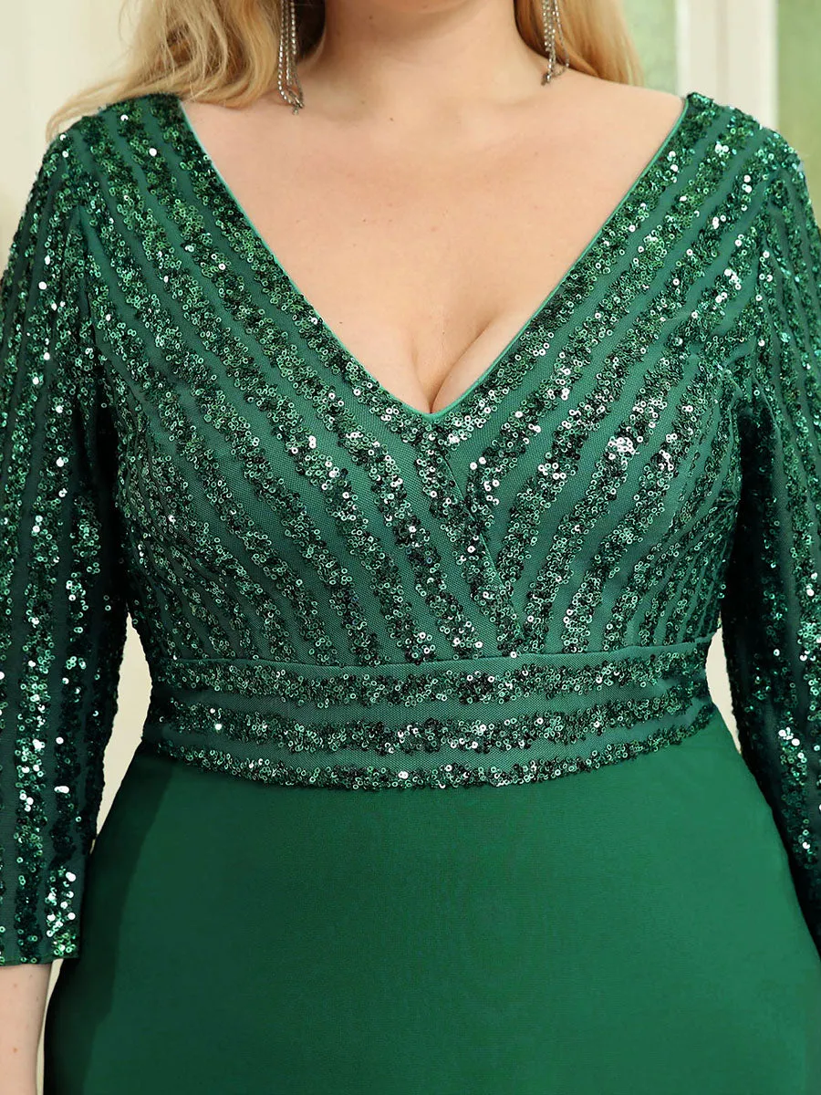 Sexy V Neck Pretty A-Line Sequin Wholesale Evening Dresses With 3/4 Sleeve