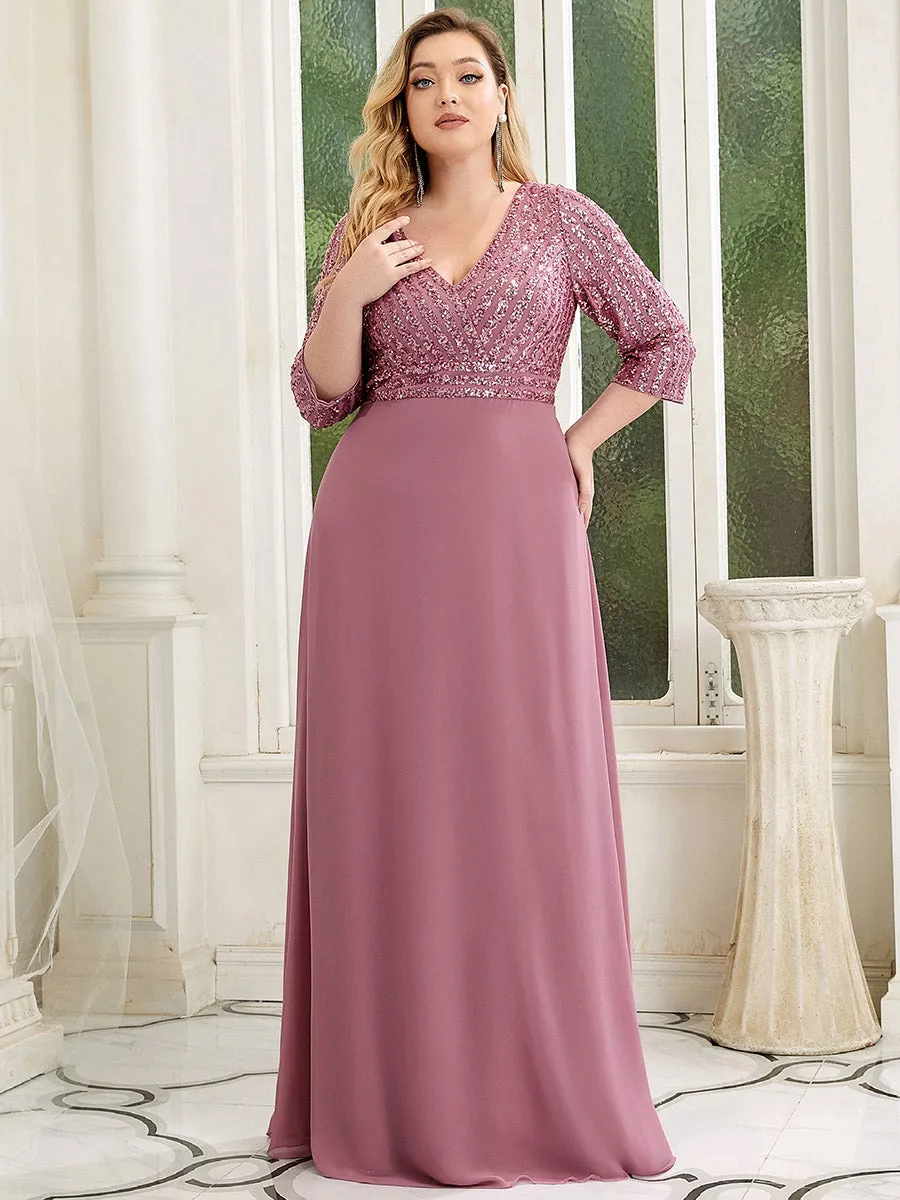 Sexy V Neck Pretty A-Line Sequin Wholesale Evening Dresses With 3/4 Sleeve